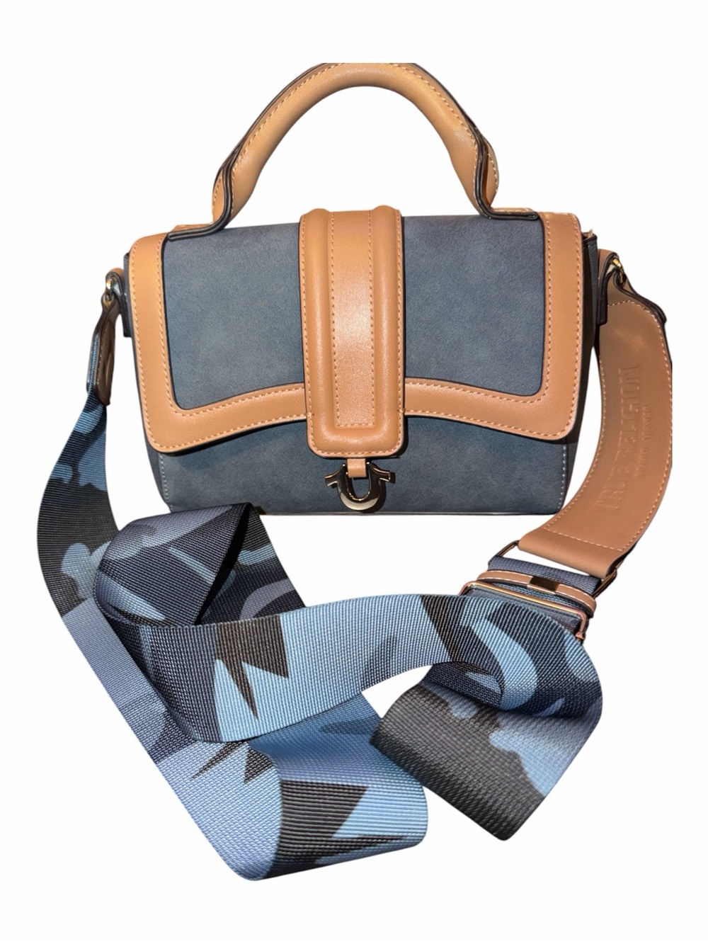 True Religion Blue Faux Suede Leather Flap Satchel Crossbody Camo Strap